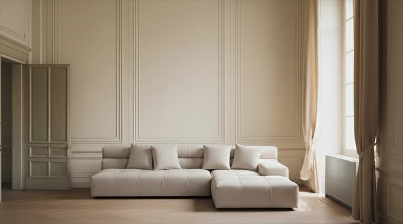 Sofá modular de diseño tapizado en tela color crudo, estilo minimalista